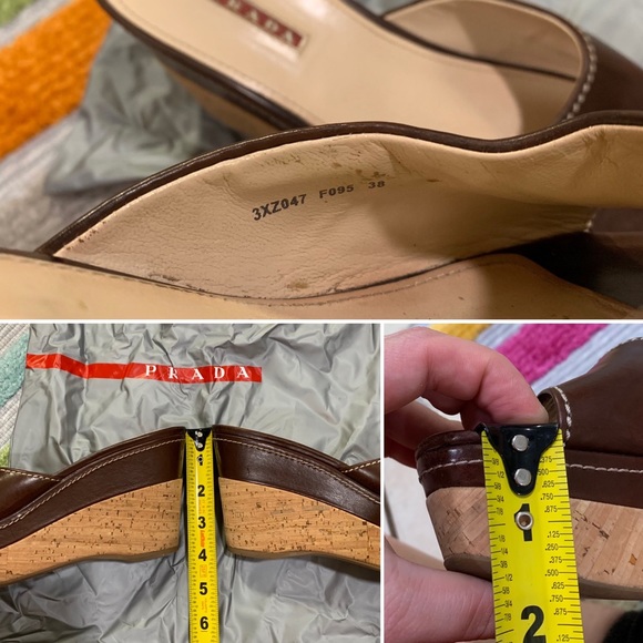 PRADA Brown Leather Logo Cork Platform Open-Toe Wedge Sandals - Picture 15 of 16